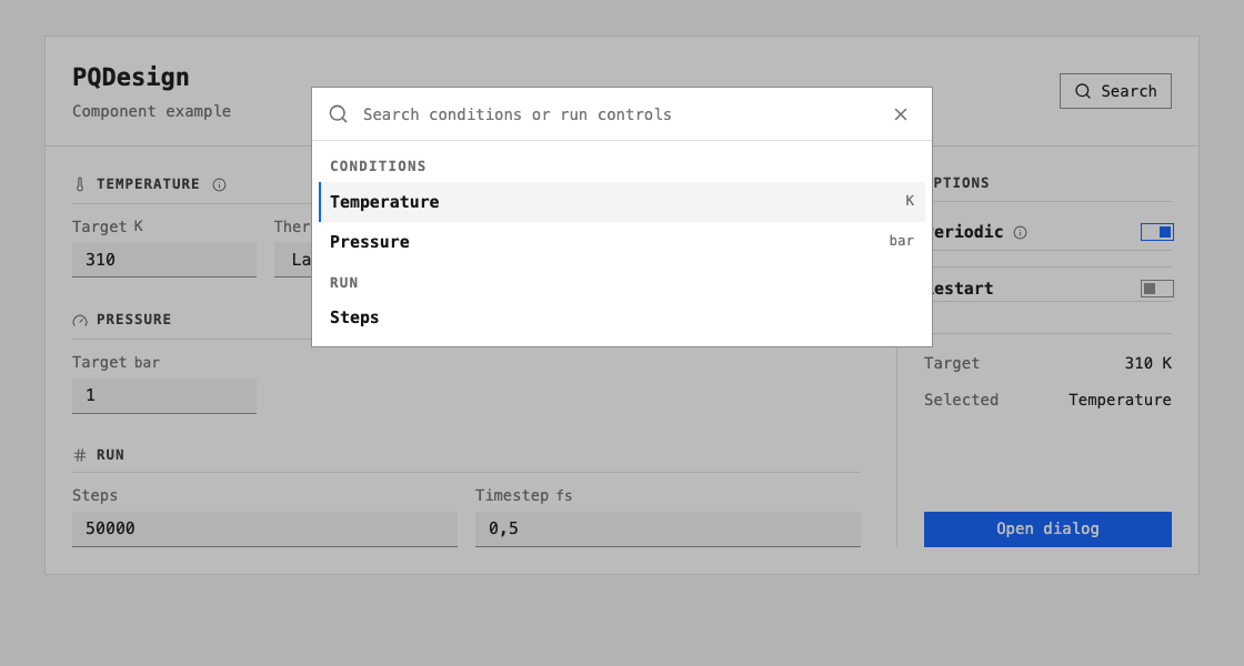 PQDesign command palette showing Conditions and Run groups.
