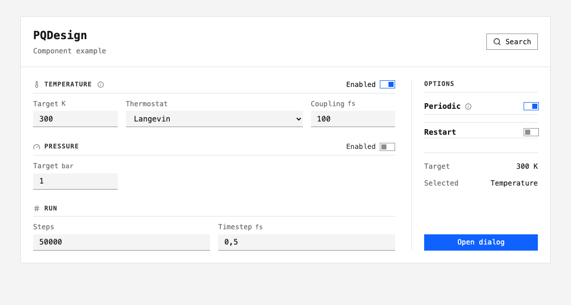 PQDesign 0.1.2 controls in a React example: units beside field labels, select, toggles and grouped conditions.