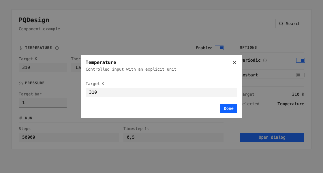 Native PQDesign dialog showing the updated target of 310 K.