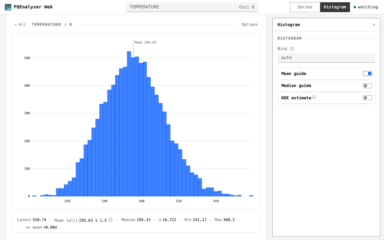 Temperature histogram with bin and density options open