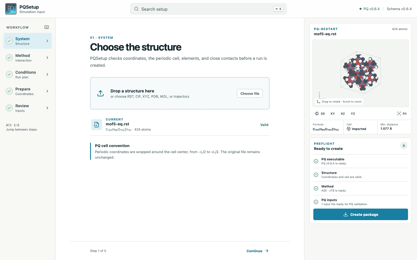 PQSetup structure import and preflight workspace