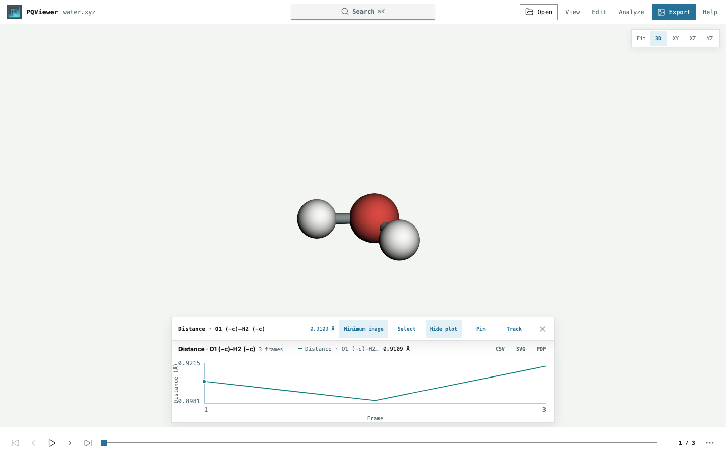 Water with an ordered O–H selection, a live distance, and a three-frame measurement plot